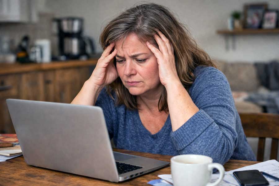 Vrouw met stress achter de laptop. Wat zijn simpele tips tegen stress?