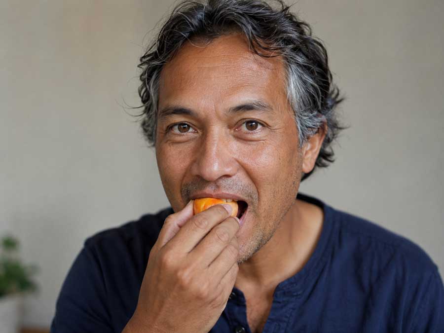 Man eet een abrikoos. Hoe gezond zijn abrikozen?