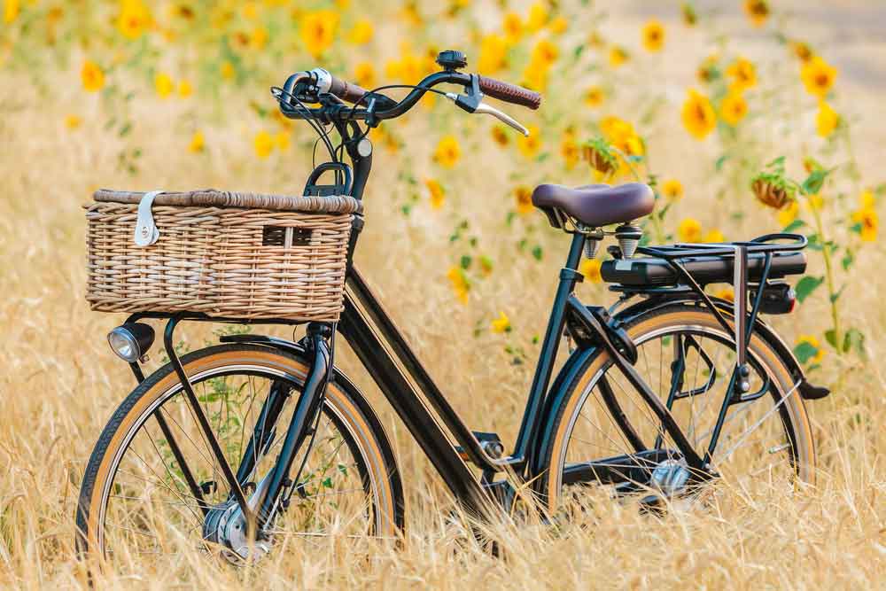 Extra geld besparen met een e-bike, op de foto een typisch Nederlandse elektrische fiets met mand voorop