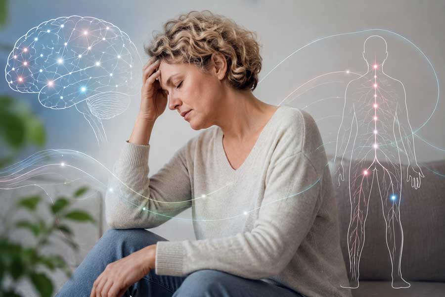 Vrouw met functionele neurologische stoornis (FNS/FND) en symbolische weergave van zenuwstelsel en hersencommunicatie