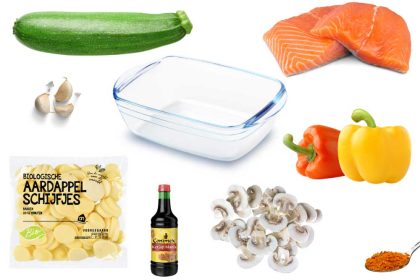 Recept ovenschotel met zalm, champignons, aardappel en courgette.