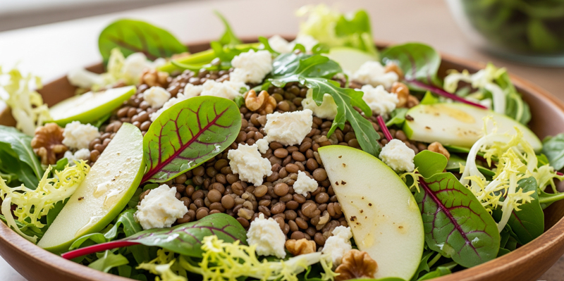 Salade met linzen, geitenkaas en appel