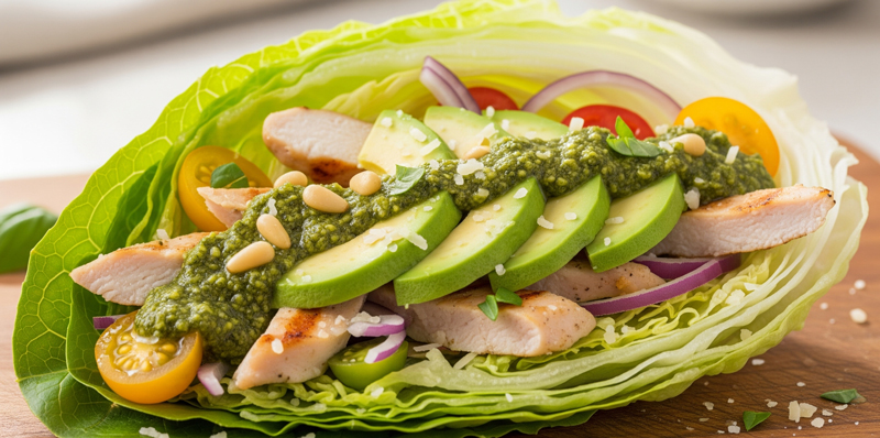 Wrap van ijsbergsla met kipfilet, avocado en pesto