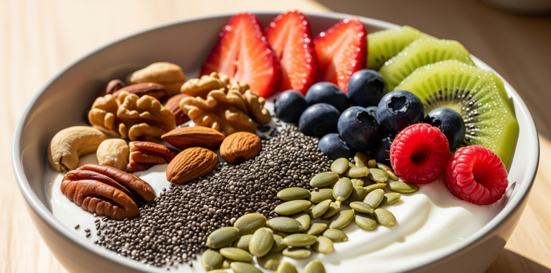 Yoghurtbowl met noten, zaden en fruit