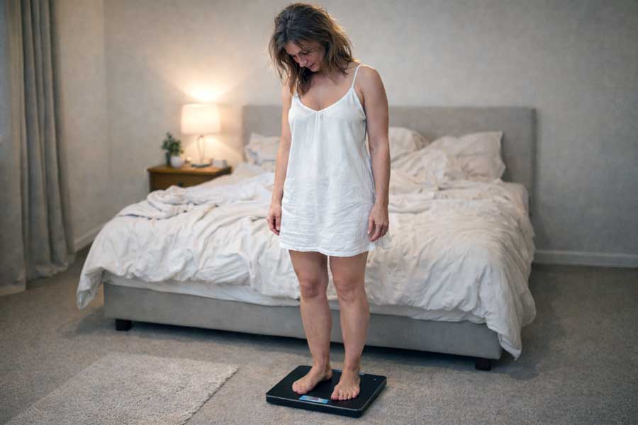 Vrouw op weegschaal in slaapkamer: hoe kun je gezond afvallen?