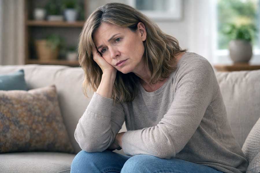 Lichamelijke stress komt vaker voor dan je denkt. Vrouw met lichamelijke stress op de bank.