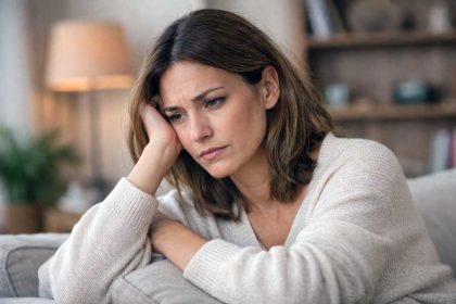 Iemand loslaten die jou gekwetst heeft; vrouw op bank die duidelijk pijn heeft door gekwetst te zijn