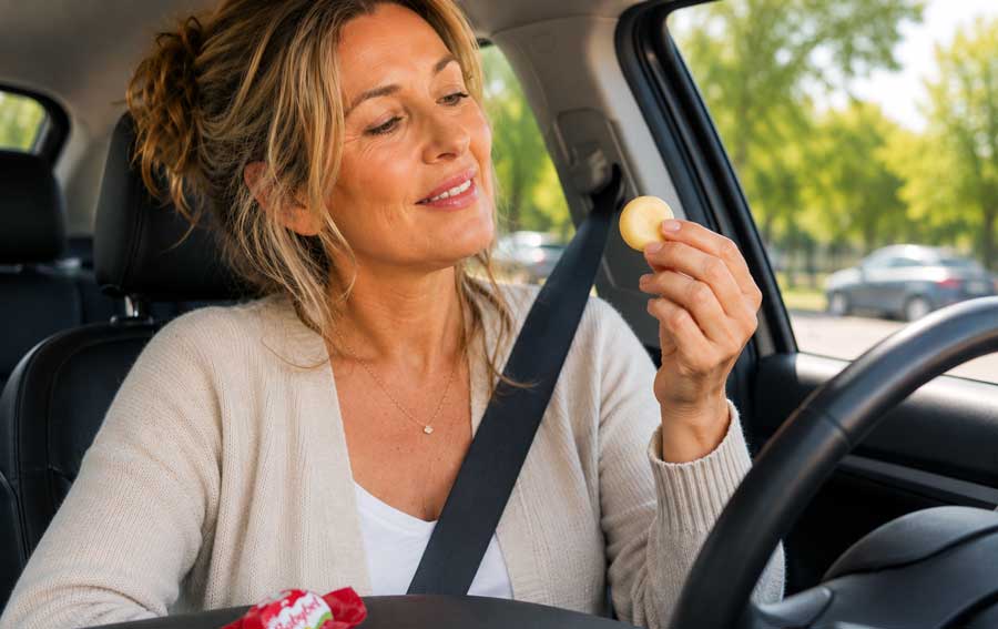 Gezond tussendoortje, de Babybel? Vrouw eet een Babybel kaasje in de auto.