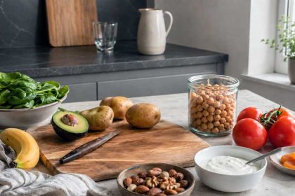 Waar zit veel kalium in? Kaliumrijke voeding zoals aardappelen, avocado, spinazie, banaan, kikkererwten, tomaten, yoghurt, noten en gedroogde abrikozen op een keukenaanrecht.