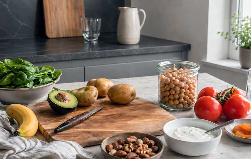 Waar zit veel kalium in? Kaliumrijke voeding zoals aardappelen, avocado, spinazie, banaan, kikkererwten, tomaten, yoghurt, noten en gedroogde abrikozen op een keukenaanrecht.