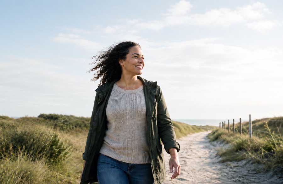 Vrouw in de duinen die stopt met piekeren en haar piekergedachtes loslaat.
