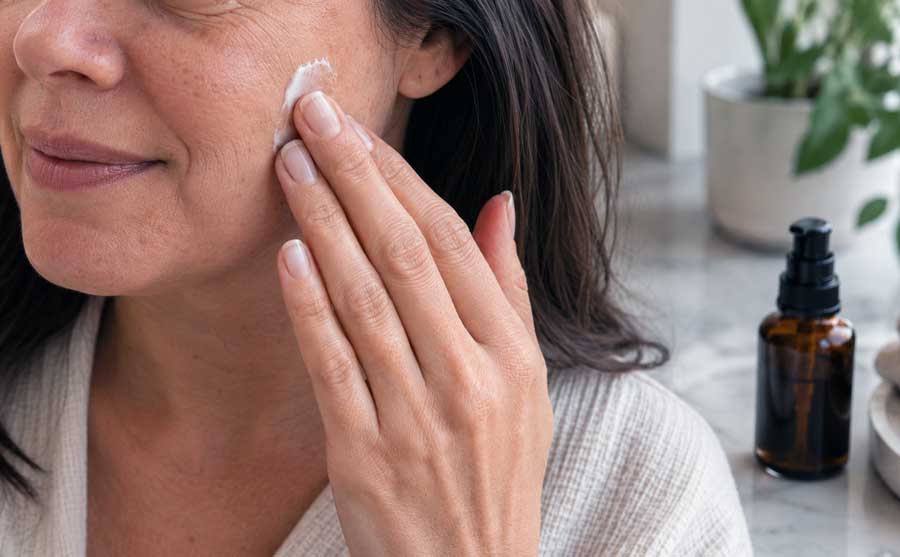 Vrouw smeert haar gezicht in met een crème met retinol (vitamine A).