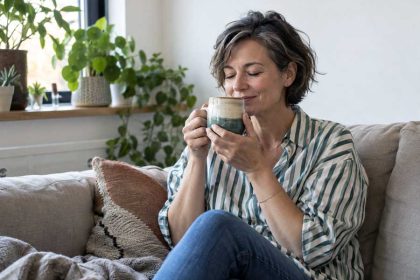 Vrouw geniet van de geur van de thee!