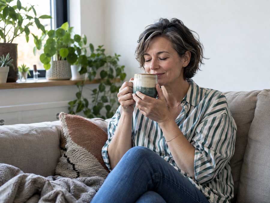 Vrouw geniet van de geur van de thee!