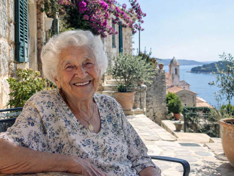 Mediterraan dieet helpt om langer en gezonder te leven. Op de foto een negentigjarige dame in een Mediterane omgeving