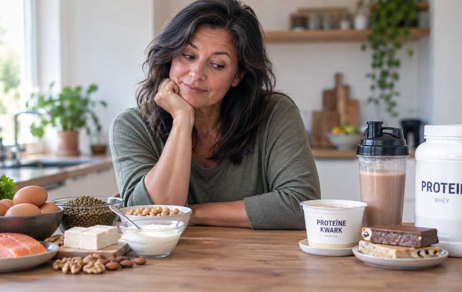 Te veel eiwitten slecht voor je? Vrouw zit aan een tafel vol eiwitrijke producten.