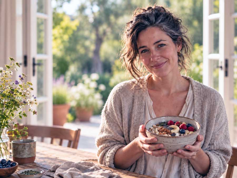 Vrouw staat met een bowl met vezelrijke voeding. Hoeveel vezels heb je per dag nodig? Er is een nieuw advies van de Gezondheidsraad.